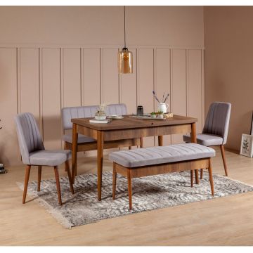 Masă extensibilă cu scaune 5 bucăți Vina Walnut Soho Grey, Nuc - Soho, 130x80x77 cm - Nuc - Gri