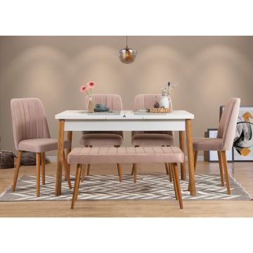 Masă extensibilă cu scaune Santiago, Diverse culori, Diverse configurații, 120x75x77 cm - Pin atlantic - Alb - Piatră / 6 bucăți