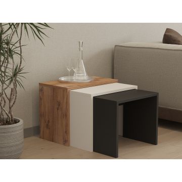 Set 3 măsuțe de cafea Gül, Antracit - Stejar - Alb, 50x30x40 cm - Antracit - Stejar - Alb