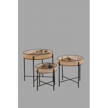 Set de măsuțe de cafea Kolezyum, Diverse culori, Diverse configurații, Ø45x40 cm - Negru - Natur / 3 bucăți