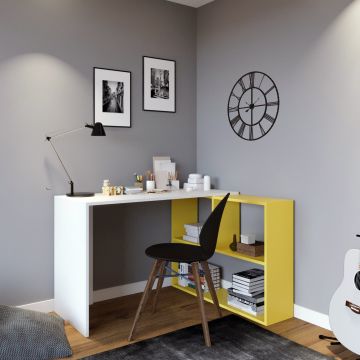 Birou Caneda - L156, Alb - Galben, 120x50x75 cm - Alb - Galben