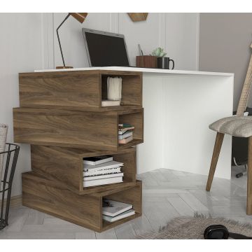 Birou Jenga, Alb - Nuc, 130x60x75 cm - Alb - Nuc