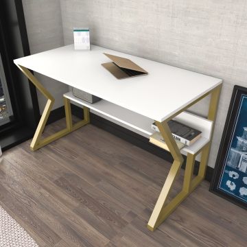 Birou Wake, Alb - Auriu, 120x60x73 cm - Alb - Auriu