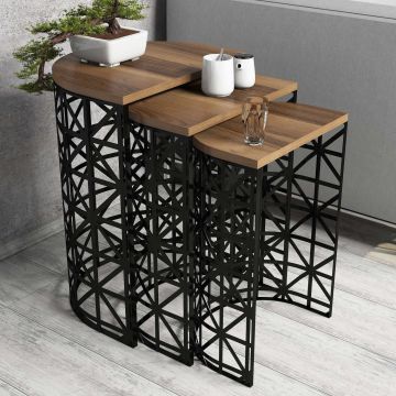 Măsuță de cafea Stil Metal Ferforje, Diverse culori, Diverse configurații, Diverse dimensiuni - Nuc - Negru / 3 bucăți / 46x33x62 cm
