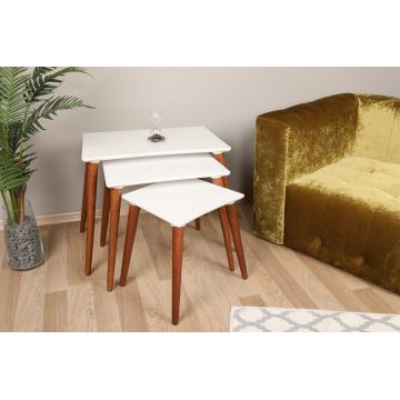 Set 3 măsuțe de cafea Base, Alb - Nuc, 43x34x37 cm - Alb - Nuc