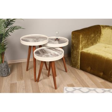 Set 3 măsuțe de cafea Neep, Alb - Nuc - Gri, 39x39x48 cm - Alb - Nuc - Gri