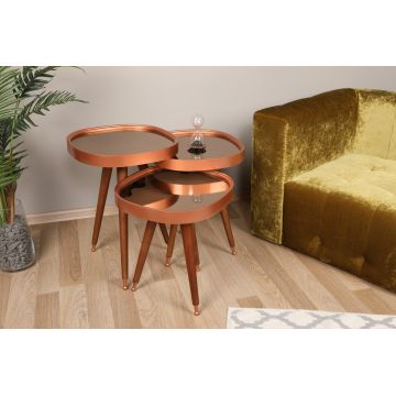 Set 3 măsuțe de cafea Pizzo, Rose gold - Nuc, 42x41x47 cm - Roz - Auriu - Nuc