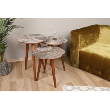 Set 3 măsuțe de cafea Qubec, Gri - Alb - Nuc, 41x39x47 cm - Gri - Alb - Nuc