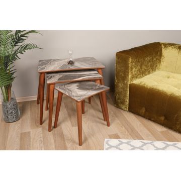 Set 3 măsuțe de cafea Siv, Gri - Alb - Nuc, 43x34x37 cm - Gri - Alb - Nuc