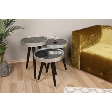 Set 3 măsuțe de cafea Wing, Negru - Argintiu, 39x39x47 cm - Negru - Argintiu