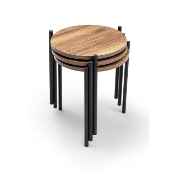 Set 3 măsuțe de cafea Yuvarlak Zigon Set, Stejar - Negru, 39x39x45 cm - Stejar - Negru