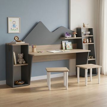Set birou de copii cu 2 tabureti, 3 buc, Dualto, Pako, Sonoma 180x30x93.6 cm
